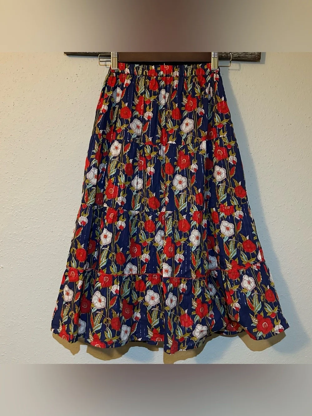 Girls Boho Tiered Maxi Skirt Navy Floral, Pom-Pom Ties, Size 6Y